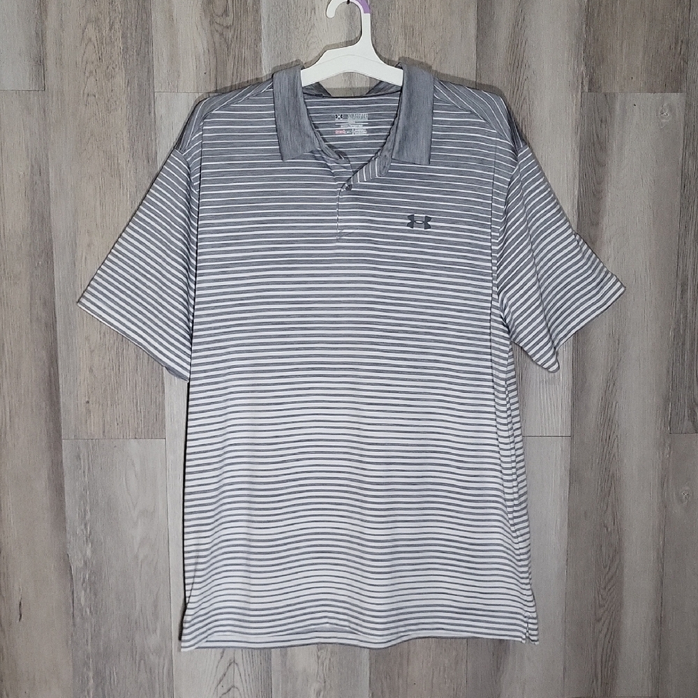 Under Armour Mens 2XL Polo Shirt Loose Heat Gear Ombre Grey White‎ Stripe